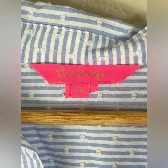 Lily Pulitzer Ginger Cotton Stretch Top flounce sleeve blue white Women's small - Picture 6 of 13